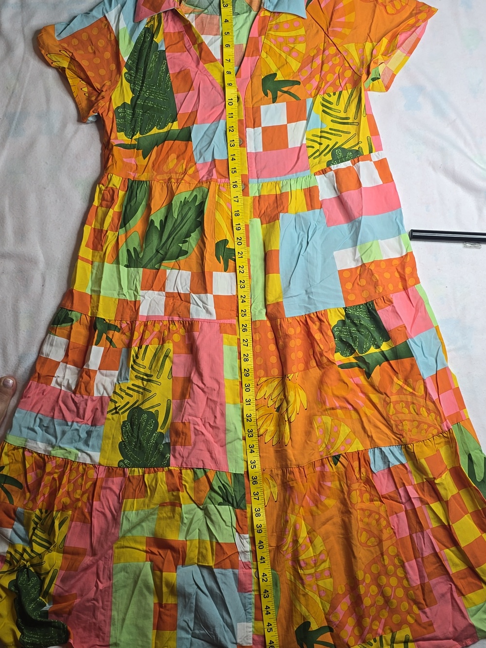 Patchwork Collared Orange Maxi Dress with Short Sleeves - Picture 6 of 10